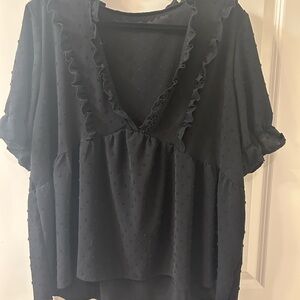 Black Ruffled V-Neck Swiss Dot Blouse